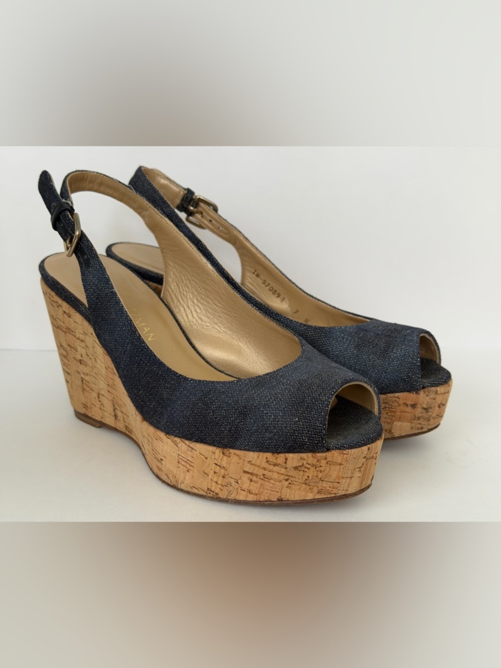 Stuart Weitzman Dark Blue Denim Cork Peep-Toe Slingback Wedges
